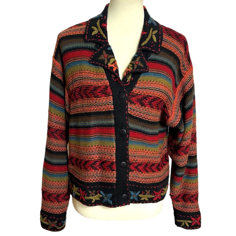Cardigan Sweater Button Down Southwest Style Stripes Flower Embroidered Details